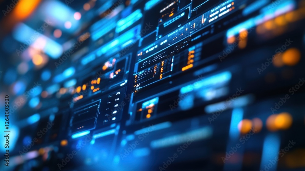 Poster futuristic interface featuring glowing blue and orange lights, displaying complex data analysis and 