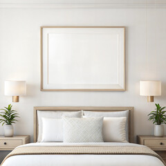 Large blank frame above a stylish neutral-toned bed