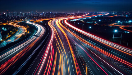 Dynamic Night Traffic on a Busy Highway long-exposure photograph capturing the movement of vehicles on a multi-lane highway at night