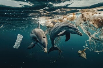 Fototapeta premium Dolphins Jumping in Polluted Ocean Water Amidst Plastic Debris