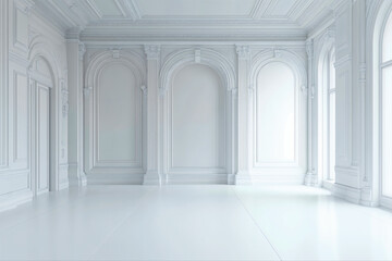 large, spacious, empty white room in old classic style, with high white ceilings, white walls, white floor, minimalist, with natural light, digital background 