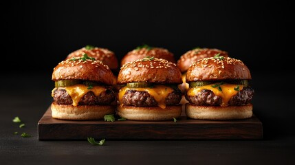 Closeup view of a trio of delectable mini beef sliders with melted cheese on a wooden platter against a dark background