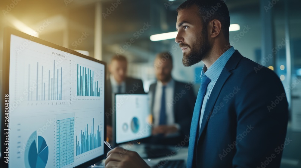 Poster team of analysts working late with data visualizations illuminated by screen glow in modern office s
