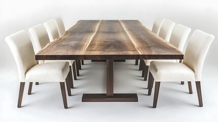 Modern Walnut Dining Table, White Chairs, Elegant Setting