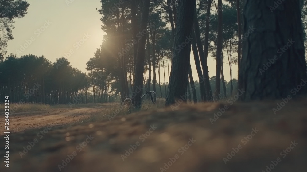 Poster sunlight filtering through trees at forest edge creating a tranquil atmosphere in nature's embrace