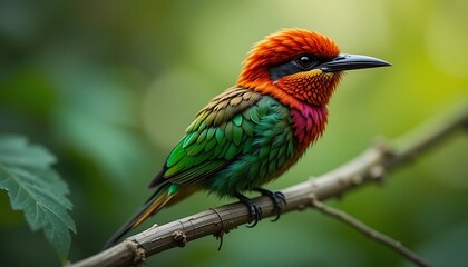 Obraz premium Vibrant Green and Orange Bird Perched on Branch, Detailed Close-Up of Exotic Avian Species in Lush Tropical Foliage