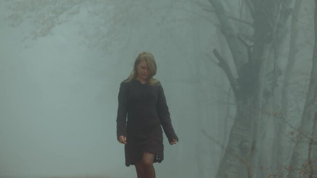 A woman in a dark outfit strolls through a serene forest shrouded in thick fog, creating an atmospheric ambiance.