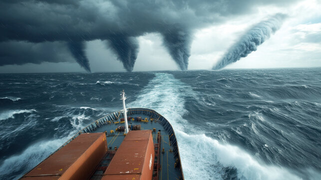 view over bow of ocean going freighter navigating through turbulent waters, with dramatic waterspouts forming in distance, creates sense of awe and tension
