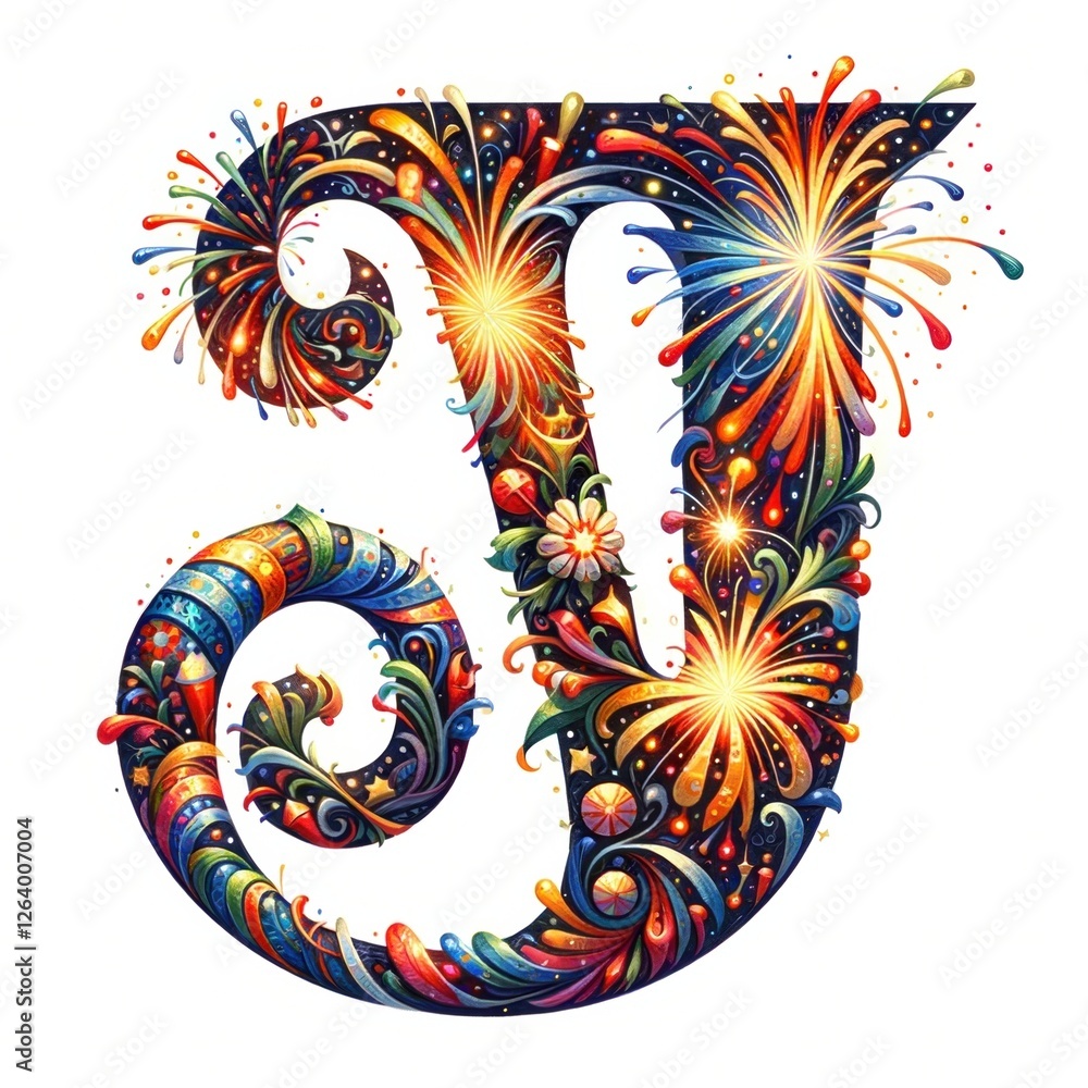 Poster fireworks letter j: a vibrant and festive letter j, intricately designed with exploding fireworks, s