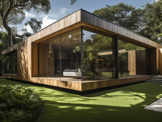 A modern, single-story house with large glass windows, situated in a lush green forest, featuring sleek, minimalist design and wooden accents in a spacious outdoor area.