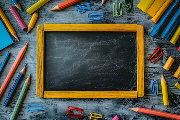 Empty chalkboard surrounded by colorful pencils, crayons, and paper clips; back to school concept.