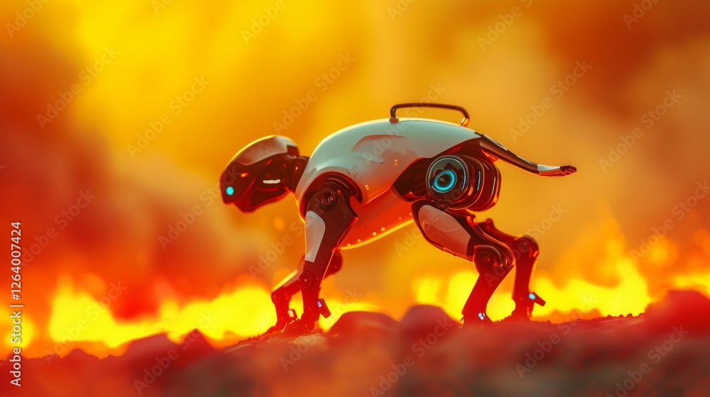 Poster a futuristic robotic feline navigating a molten terrain, its sleek metallic design illuminated by gl