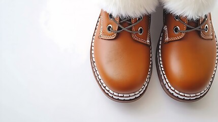 Pair of Brown Leather Winter Boots on White Background