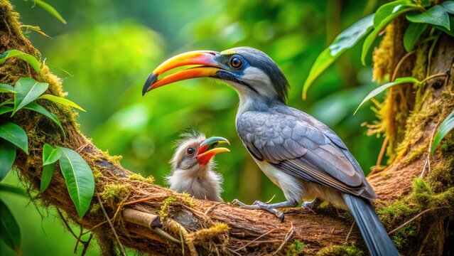 Sri Lanka Gray Hornbill Feeding Chick Sinharaja Rainforest Nest Wildlife Photography