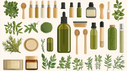 Assortment of herbal oils, wooden combs, and eco friendly spa tools arranged on a natural background, highlighting sustainability and holistic care