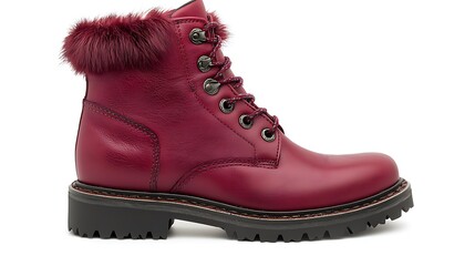 Red leather winter boots on white background