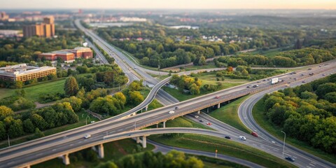 Fototapeta premium Stunning Aerial View of a Complex Road System with Bokeh Effect, Traffic Flow, City Infrastructure, Urban Planning, and Nature Integration in a Dynamic Landscape