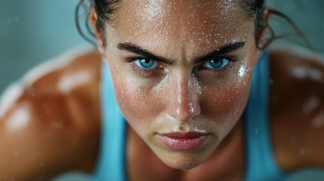 Fierce determined female athlete mid burpee showcasing explosive power and dynamic movement during an intense full body workout  Closeup portrait capturing the athlete s focused expression