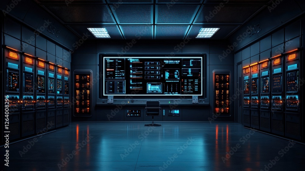 Poster futuristic and highly advanced wind turbine control center featuring a complex digital dashboard wit