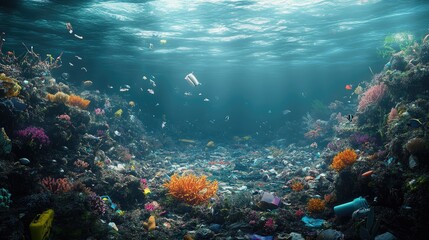 Naklejka premium A 3D depiction of a polluted ocean, featuring dead coral reefs, toxic glowing chemical spills, and floating garbage, emphasizing environmental damage.