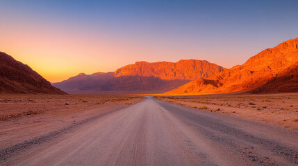 serene desert highway stretches into horizon, surrounded by majestic mountains bathed in warm sunset hues. tranquil scene evokes sense of adventure and exploration