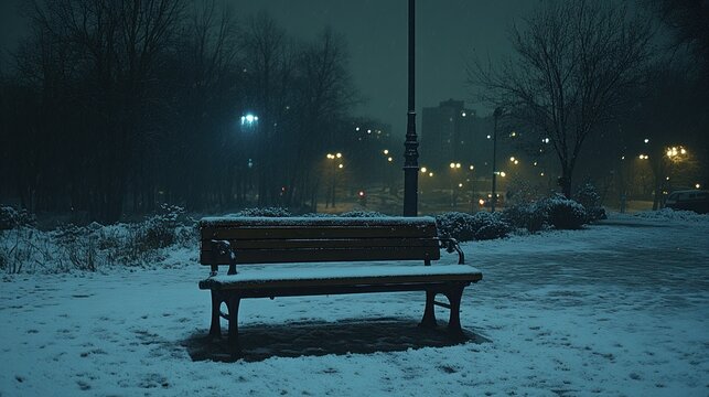 Empty park bench in snowy winter night