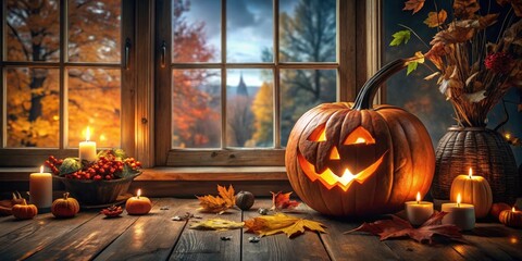 Obraz premium A darkened room with a large window displaying a glowing jack-o-lantern pumpkin on a wooden table, autumnal decor, glowing jack-o-lantern pumpkin
