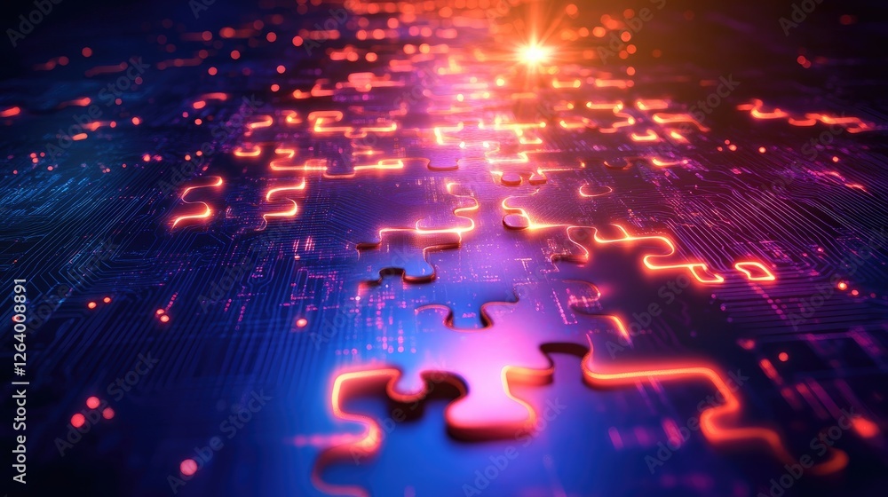 Poster A 3D futuristic circuit board with glowing puzzle pieces forming a pathway, creating an abstract digital design full of energy and glowing light.