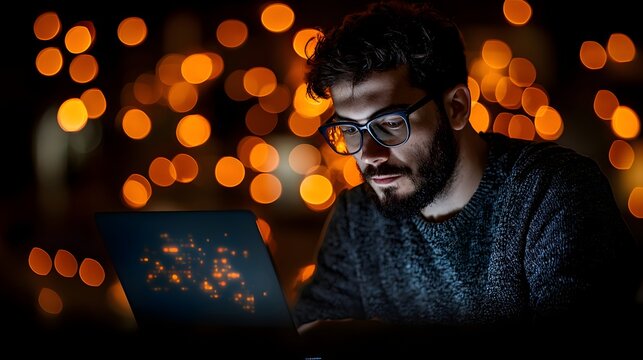 Intrigued codebreaker in a dark room, immersed in glowing data and illuminated by soft flames. Security Risks, Threat, Authentication Concept