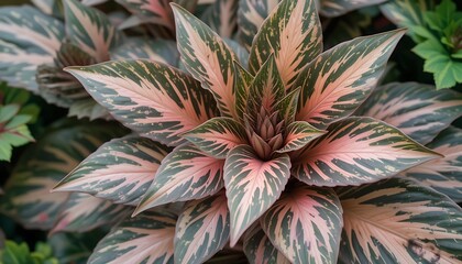 Fototapeta premium Close-up view of a striking Calathea roseopicta 'Medallion' plant, showcasing its intricate leaf patterns and vibrant colors.