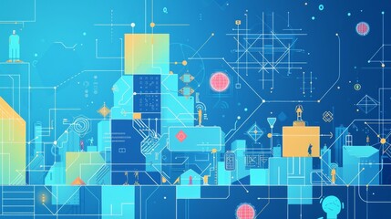 Fototapeta premium A vibrant futuristic digital cityscape with interconnected structures, abstract geometric patterns, and glowing technology elements. The artwork represents innovation and AI-generated technology. AI