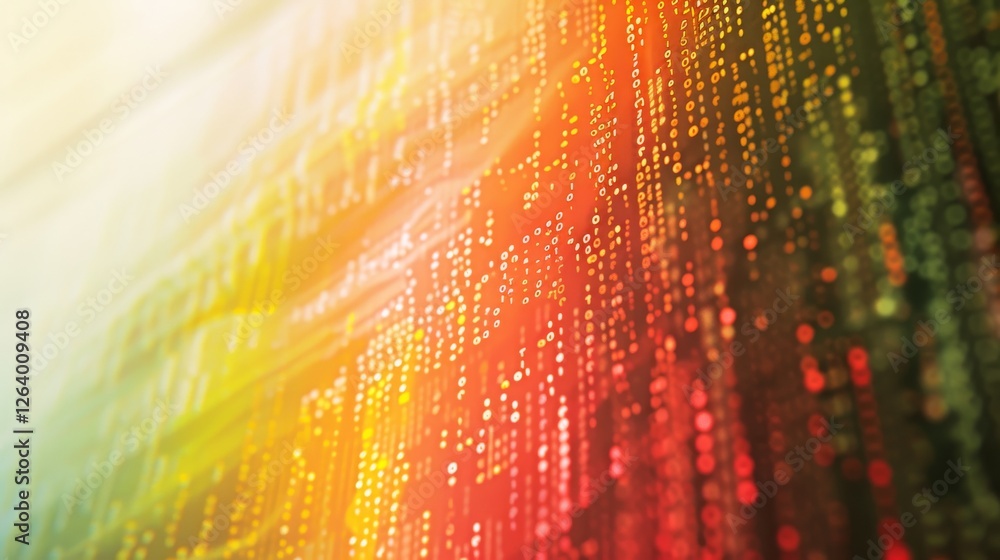 Poster vibrant abstract digital composition featuring a futuristic matrix of glowing data streams in warm c