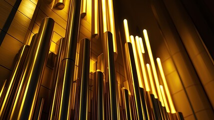 Obraz premium Abstract golden pipes illuminated in a modern architectural space, creating a vibrant atmosphere