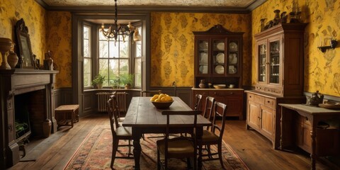 Fototapeta premium Antique Dining Room With Yellow Floral Wallpaper
