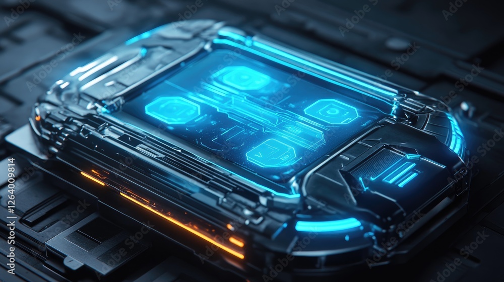 Aufkleber A 3D rendering of a holographic smart car interface glowing in blue, representing futuristic vehicle technology with an advanced user interface.