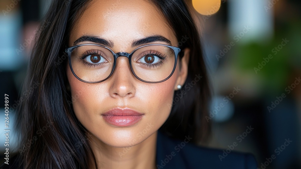 Poster confident and focused female business strategist analyzing key performance indicators and corporate 