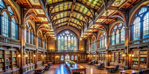 Obraz premium High ceiling with ornate wooden beams and stained glass windows in a grand reading room, arches, glass, arches, glass