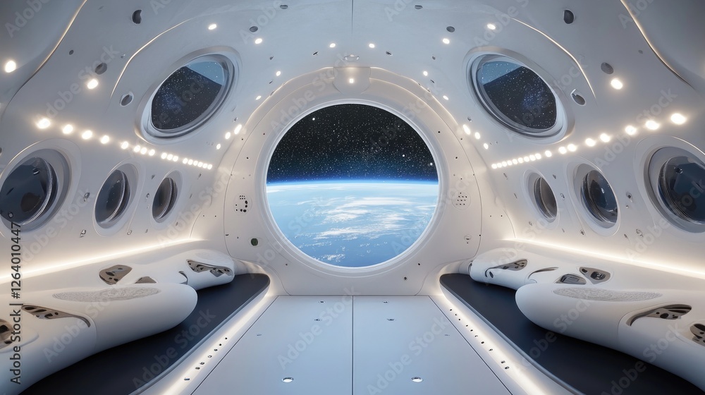 Poster a 3d rendering of a sleek, modern white spaceship interior with glowing lights and a breathtaking vi
