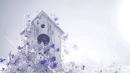 Decorative birdhouse surrounded by flowers