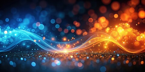 Obraz premium Abstract orange and blue light waves with bokeh effect on dark background, glow, hazy, glow, hazy, visual effect