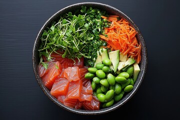 Delicious and Nutritious Japanese Inspired Poke Bowl Featuring Sashimi Grade Fish Fresh Vegetables and Vibrant Flavors  A Balanced and Appetizing Meal for a Healthy Lifestyle