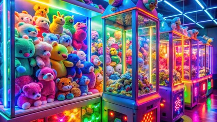 Fototapeta premium A colorful plush toy-filled arcade claw machine with bright lights and a large digital display, surrounded by nostalgic arcade games and classic video games, toys, gaming