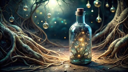 A dark glass bottle filled with a murky, swirling liquid containing glittering silver dust and strange, glowing orbs amidst twisted roots and vines, mystical elixir, arcane brew