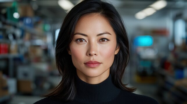 Focused and determined Asian female inventory manager reviewing and supply chain data in a warehouse or distribution center setting  Demonstrating leadership analytical skills