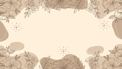 Brown Floral Banner Background With Hand Drawn Botanical Line Art