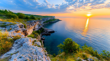 Coastal sunrise cliff landscape, calm sea, tranquil scene, travel photo