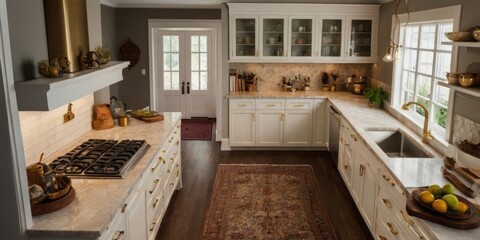 Elegant White Kitchen With Gold Accents And Marble Countertops