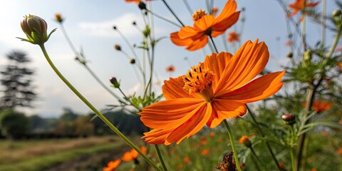 Obraz premium Stunning Tilt-Shift Photography of a Single Orange Cosmos Flower in Bloom, Capturing Nature's Beauty and Delicacy, Ideal for Floral Art, Gardens, and Nature Lovers