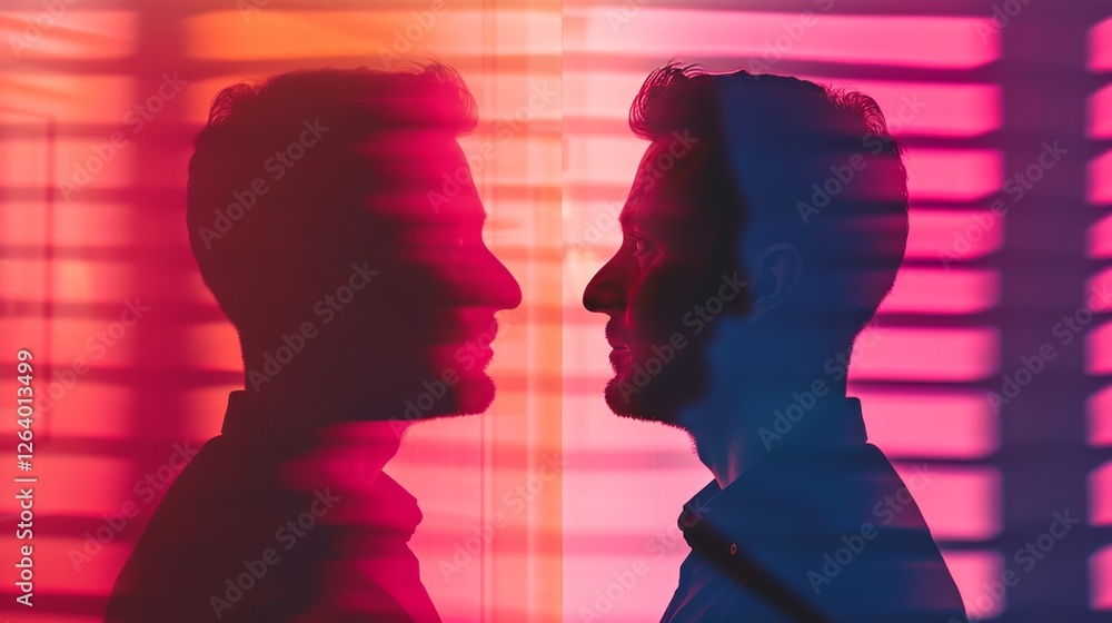 Aufkleber a silhouetted man faces his own reflection against a backdrop of pink and orange neon light, creatin
