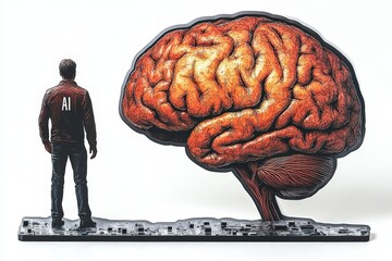 Man standing near oversized glowing orange brain, representing knowledge expansion, creativity, and intellectual growth in a symbolic context